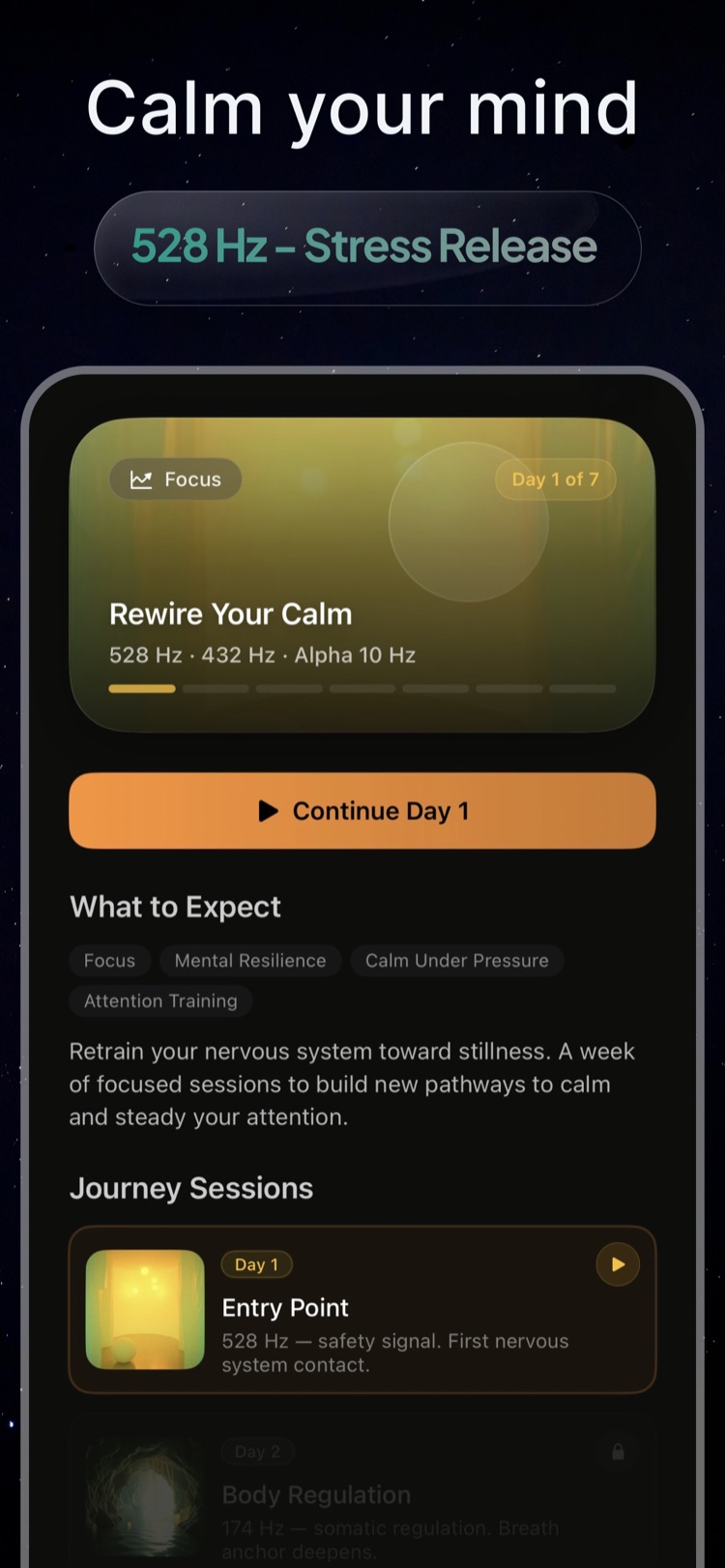 Calm your mind with 528 Hz stress release — the Rewire Your Calm seven-day journey