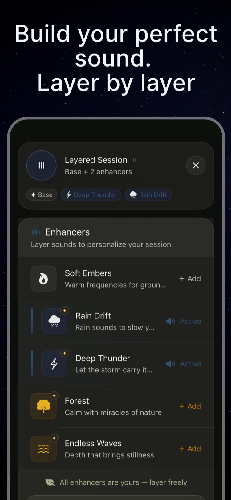 Build your perfect sound layer by layer — Sounda's enhancers for rain, thunder and forest