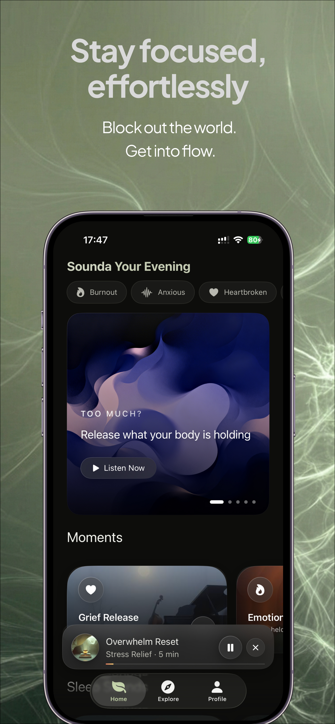 Sounda home screen with mood tags, featured sessions, and quick moments